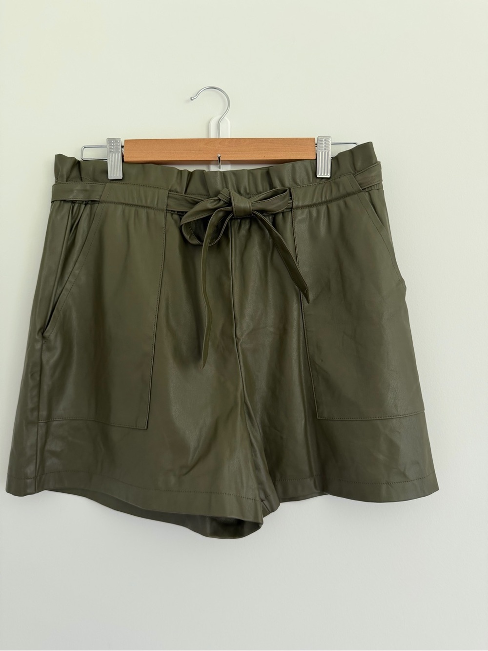 Cato's Olive Faux Leather Paperbag Shorts | Size Medium | Belted Waist - Picture 1 of 6
